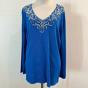 NWT Jones New York Blue Embellished Long Sleeve Blouse XL